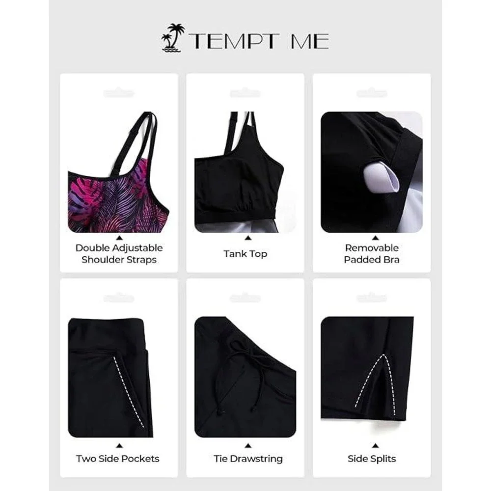 Tempt Me Womens Tankini Swimsuit Tropical Palm Purple Pink Boy Shorts Set XS NEW